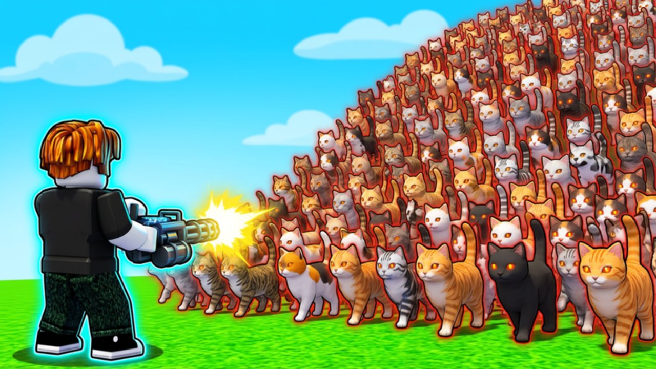 Un jugador de Cat Invaders dispara un cañón pesado contra una enorme oleada de gatos meme